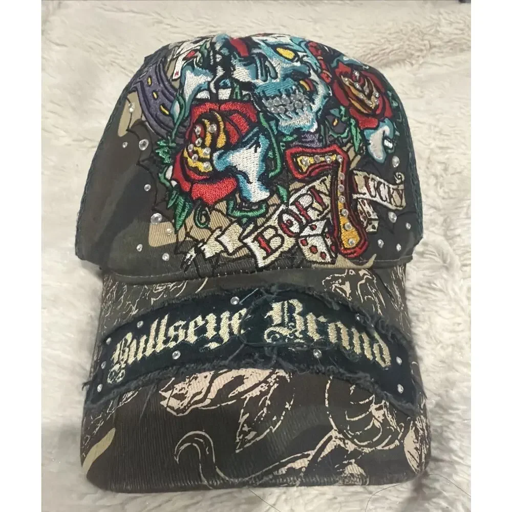 Bullseye Brand Camo Skull Roses Born Lucky Embroidered Hat Rhinestone Biker Y2K